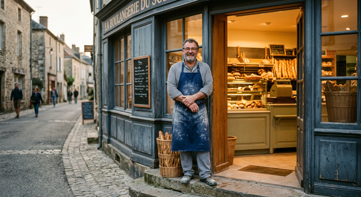 Un artisan boulanger à la porte de sa boulangerie